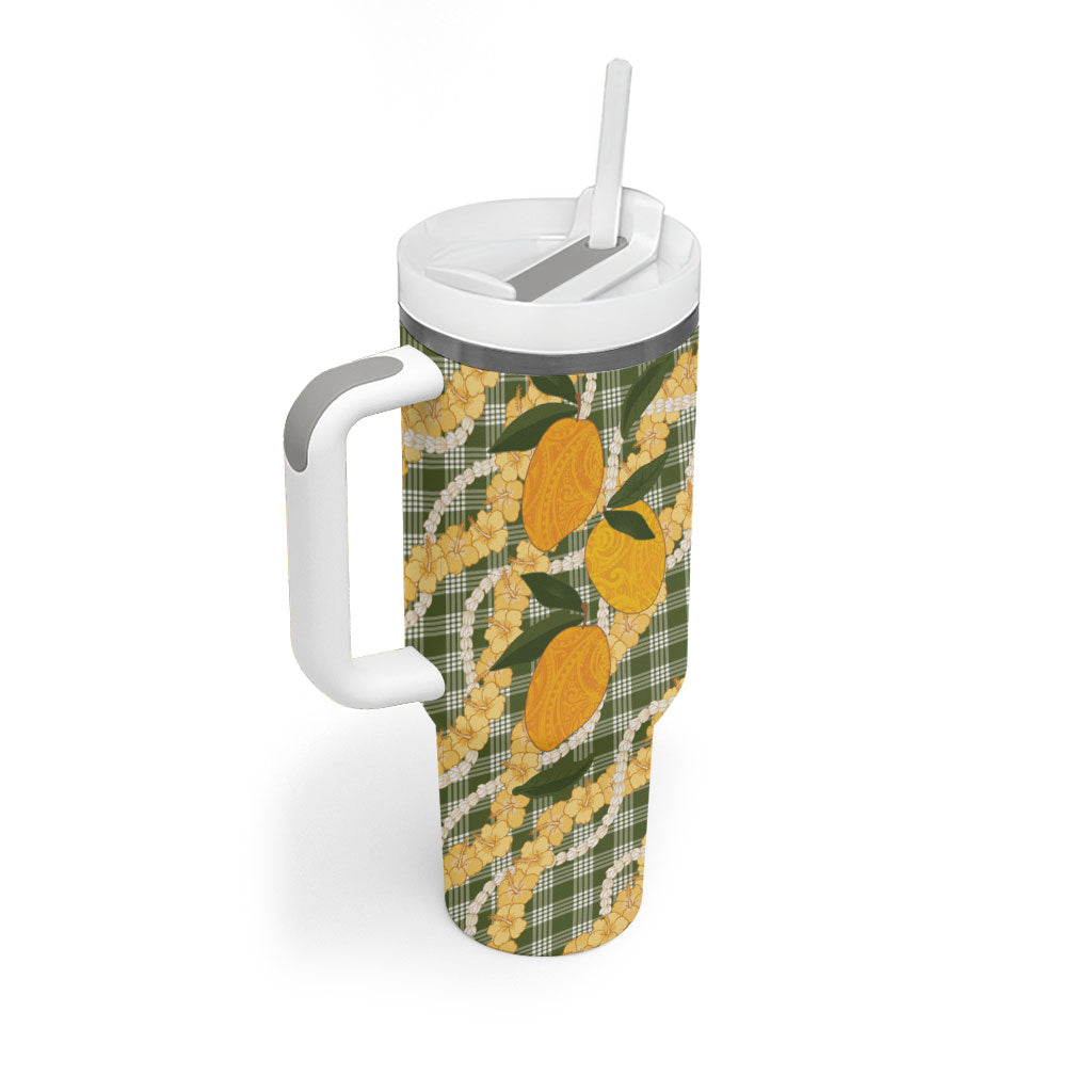 Uliuli Ahiahia Hawaiian Mango Palaka Tumbler With Handle Aloha Hibiscus Pikake Lei