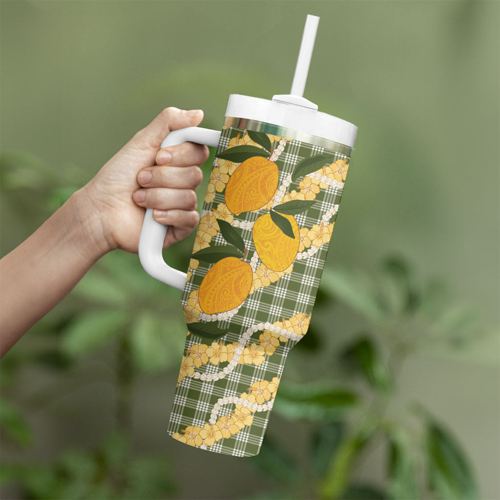 Uliuli Ahiahia Hawaiian Mango Palaka Tumbler With Handle Aloha Hibiscus Pikake Lei