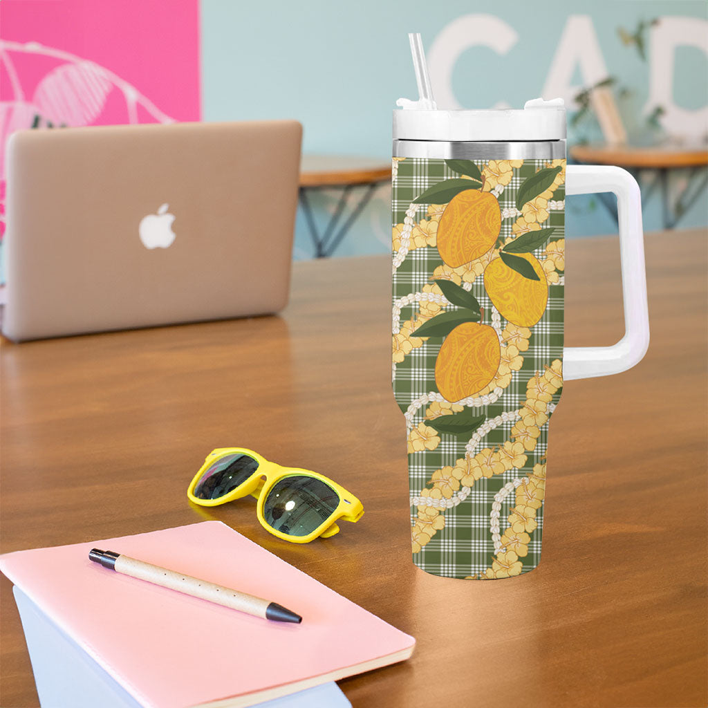 Uliuli Ahiahia Hawaiian Mango Palaka Tumbler With Handle Aloha Hibiscus Pikake Lei