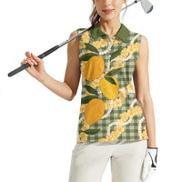 Uliuli Ahiahia Hawaiian Mango Palaka Women Sleeveless Polo Shirt Aloha Hibiscus Pikake Lei