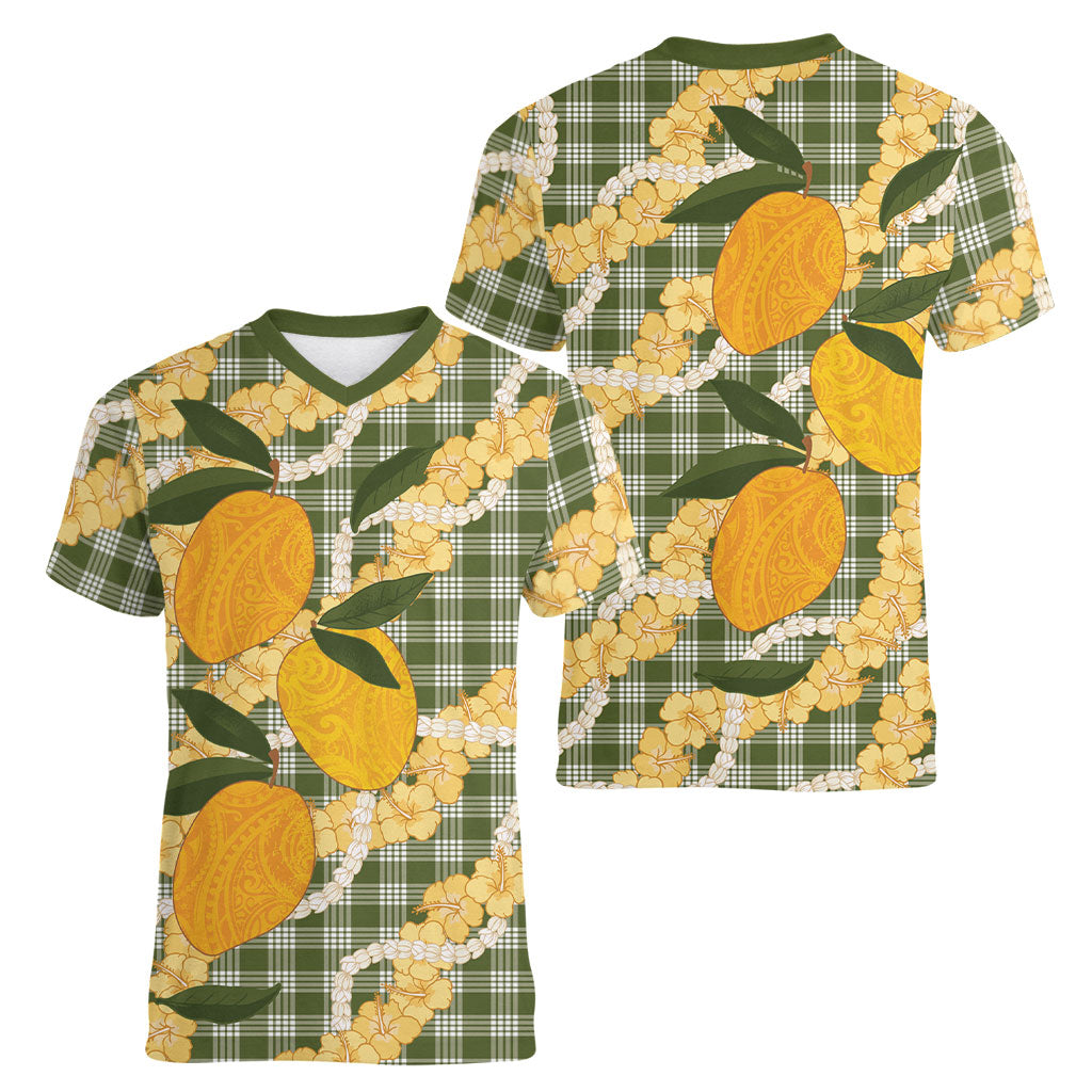 Uliuli Ahiahia Hawaiian Mango Palaka Women V-Neck T-Shirt Aloha Hibiscus Pikake Lei