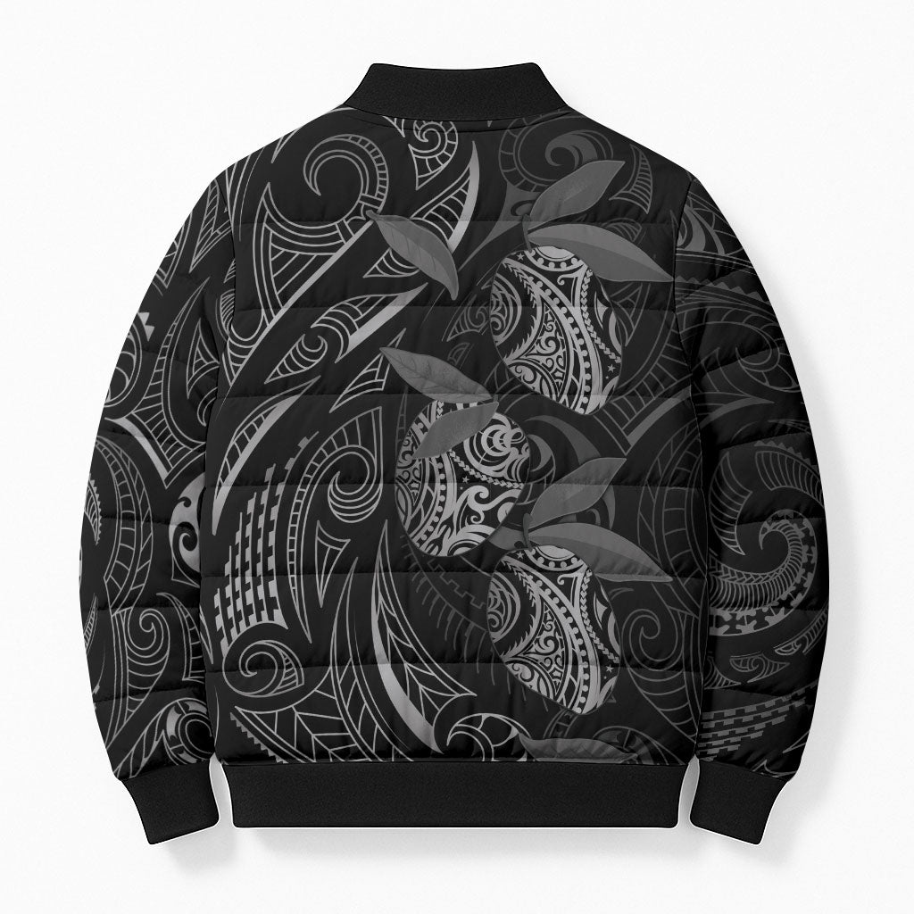 Hawaiian Mango Tribal Tattoo Bomber Puffer Jacket Black White Pacific Traditional Pattern