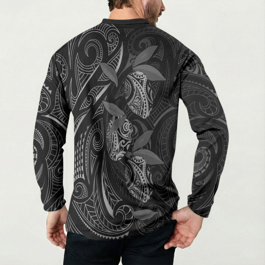 Hawaiian Mango Tribal Tattoo Button Sweatshirt Black White Pacific Traditional Pattern