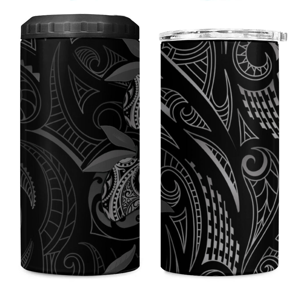 Hawaiian Mango Tribal Tattoo 4 in 1 Can Cooler Tumbler Black White Pacific Traditional Pattern