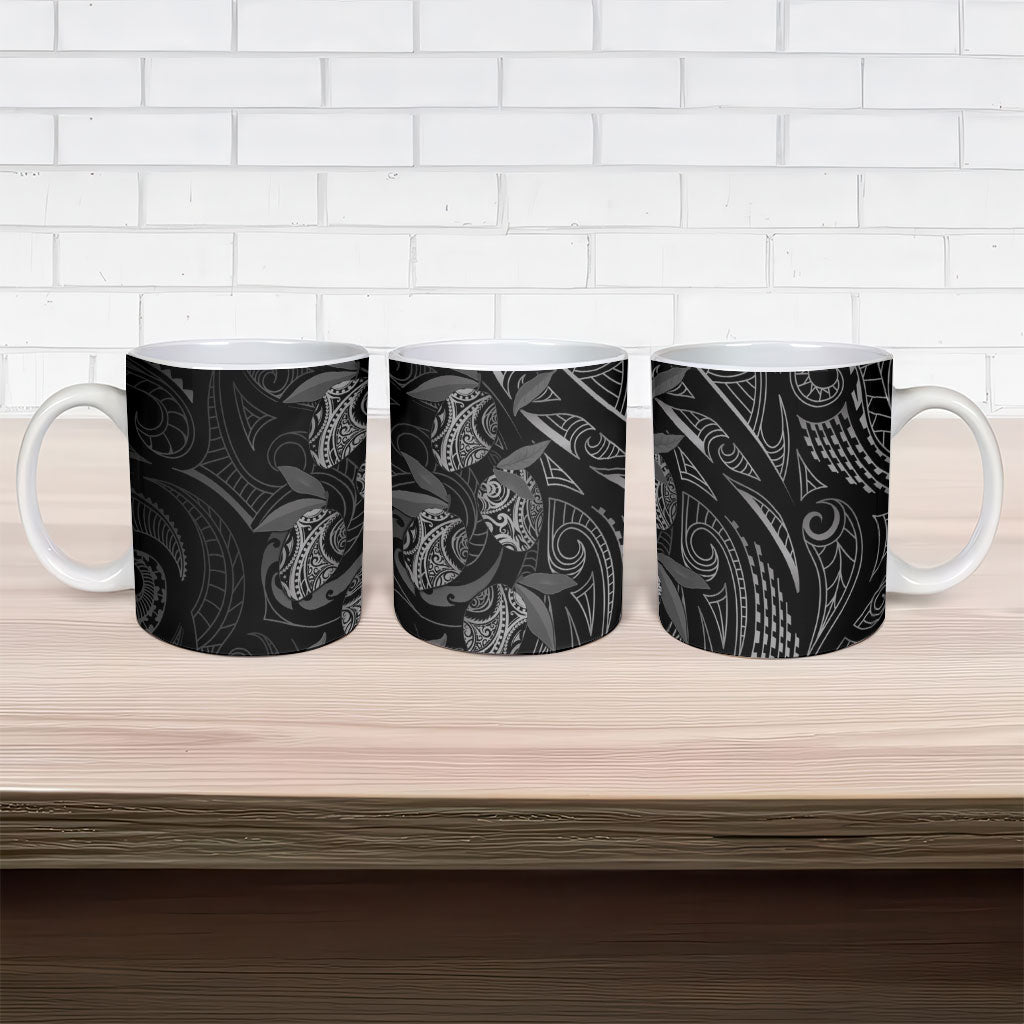 Hawaiian Mango Tribal Tattoo Ceramic Mug Black White Pacific Traditional Pattern