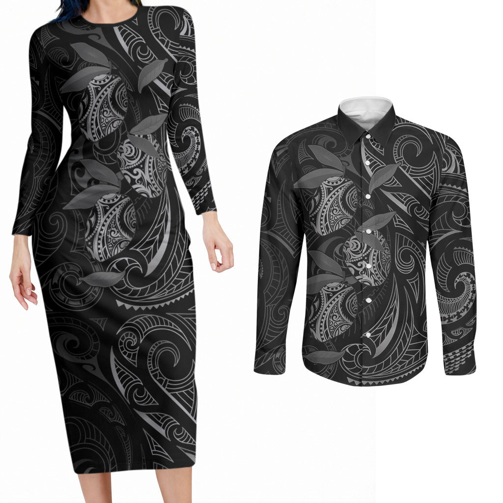 Hawaiian Mango Tribal Tattoo Couples Matching Long Sleeve Bodycon Dress and Long Sleeve Button Shirt Black White Pacific Traditional Pattern