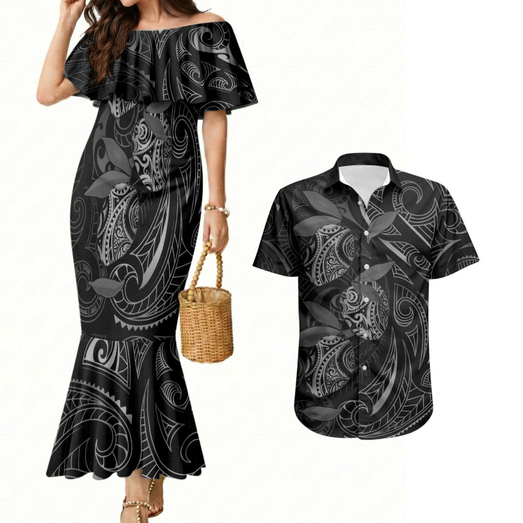 Hawaiian Mango Tribal Tattoo Couples Matching Mermaid Dress and Hawaiian Shirt Black White Pacific Traditional Pattern