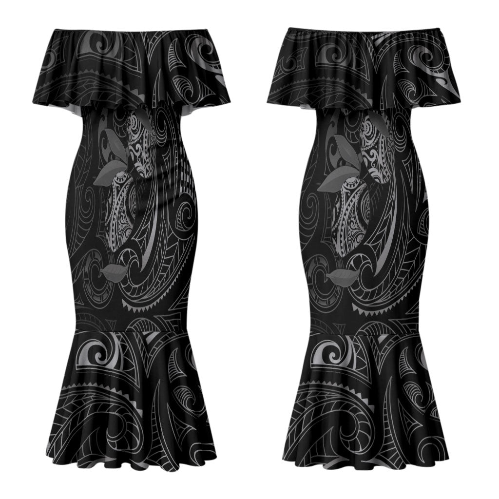 Hawaiian Mango Tribal Tattoo Couples Matching Mermaid Dress and Long Sleeve Button Shirt Black White Pacific Traditional Pattern