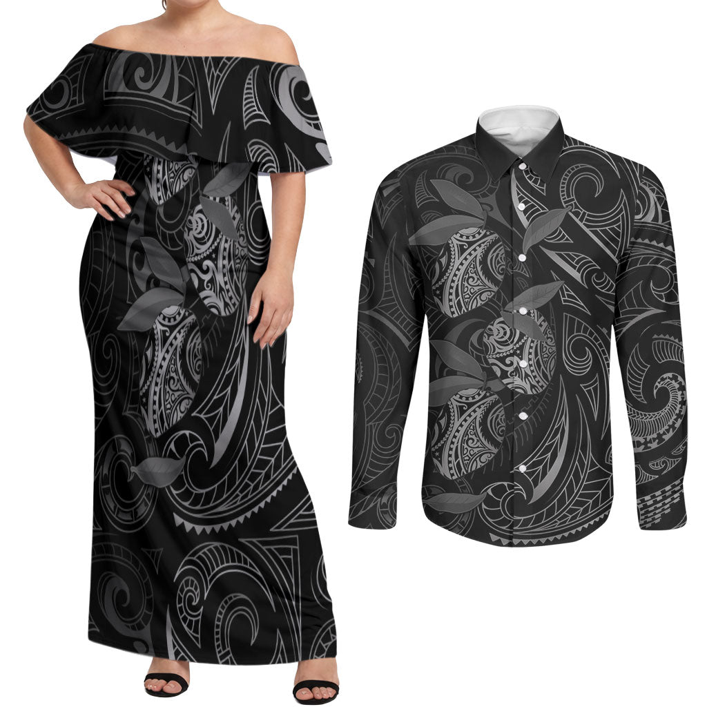 Hawaiian Mango Tribal Tattoo Couples Matching Off Shoulder Maxi Dress and Long Sleeve Button Shirt Black White Pacific Traditional Pattern