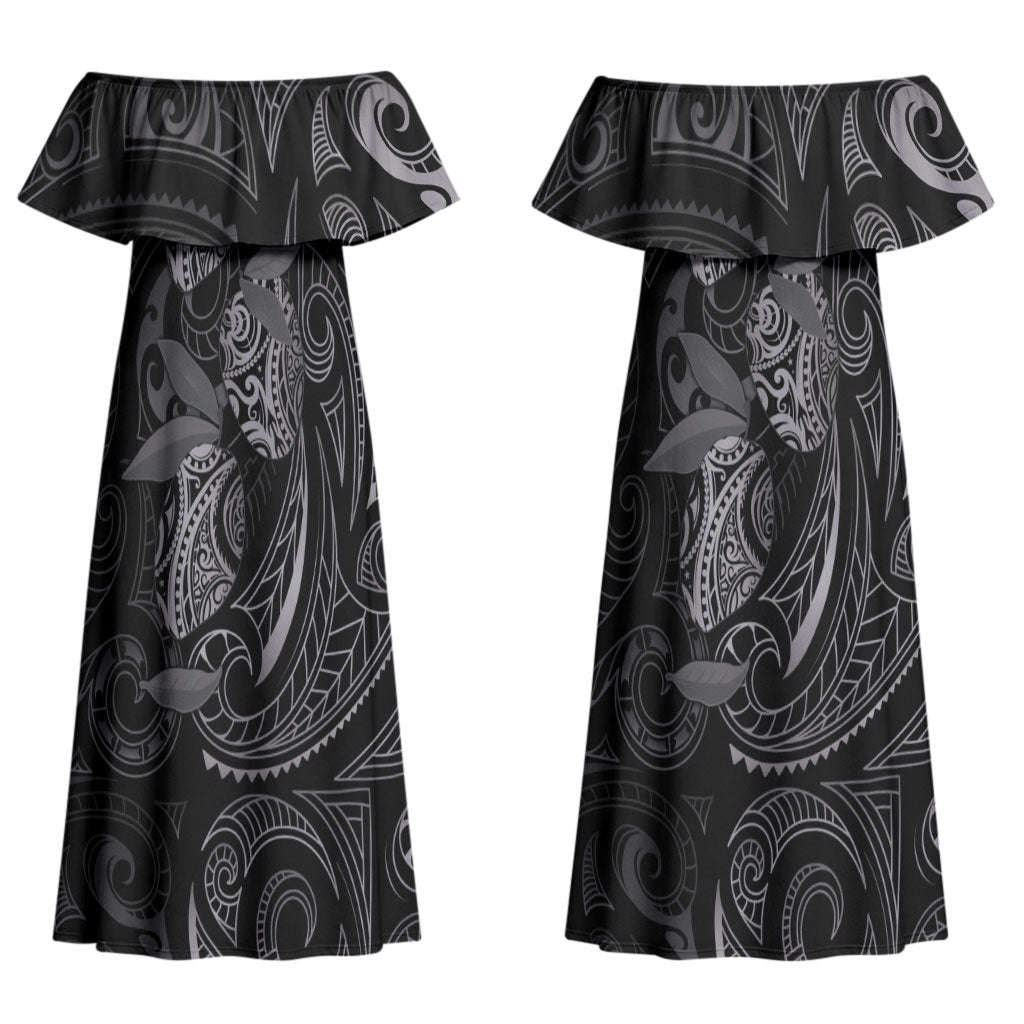 Hawaiian Mango Tribal Tattoo Couples Matching Off Shoulder Maxi Dress and Long Sleeve Button Shirt Black White Pacific Traditional Pattern