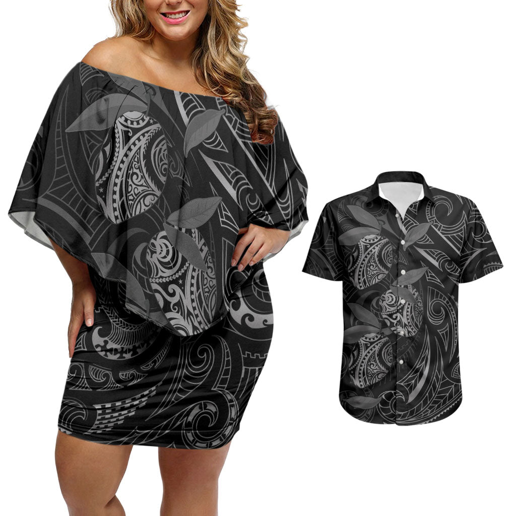 Hawaiian Mango Tribal Tattoo Couples Matching Off Shoulder Short Dress and Hawaiian Shirt Black White Pacific Traditional Pattern