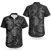 Hawaiian Mango Tribal Tattoo Couples Matching Off Shoulder Short Dress and Hawaiian Shirt Black White Pacific Traditional Pattern