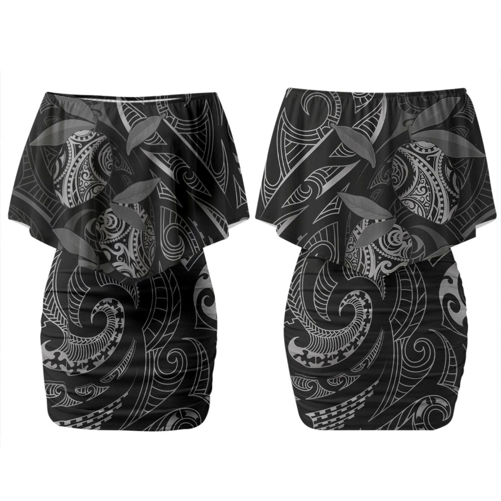 Hawaiian Mango Tribal Tattoo Couples Matching Off Shoulder Short Dress and Long Sleeve Button Shirt Black White Pacific Traditional Pattern