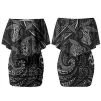 Hawaiian Mango Tribal Tattoo Couples Matching Off Shoulder Short Dress and Long Sleeve Button Shirt Black White Pacific Traditional Pattern