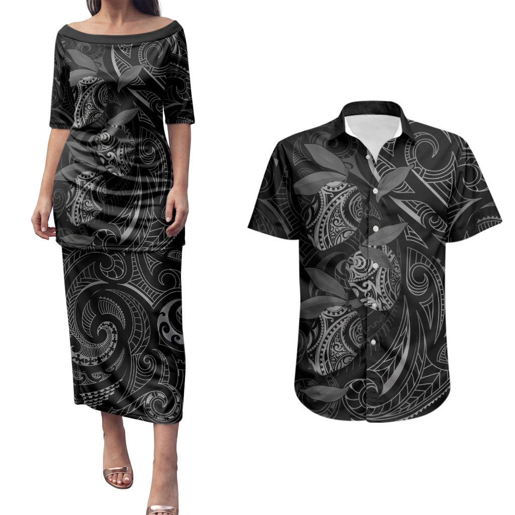 Hawaiian Mango Tribal Tattoo Couples Matching Puletasi and Hawaiian Shirt Black White Pacific Traditional Pattern