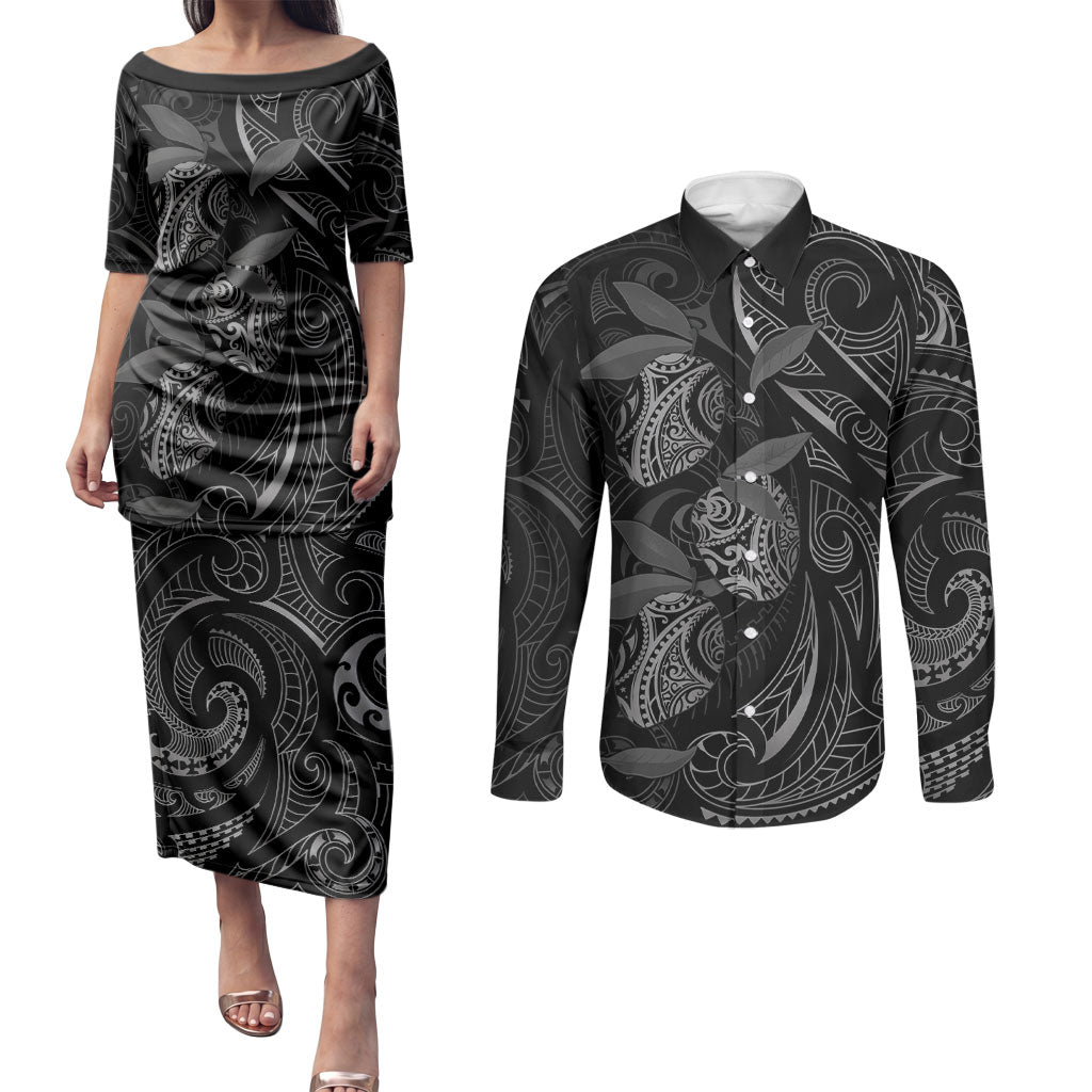Hawaiian Mango Tribal Tattoo Couples Matching Puletasi and Long Sleeve Button Shirt Black White Pacific Traditional Pattern