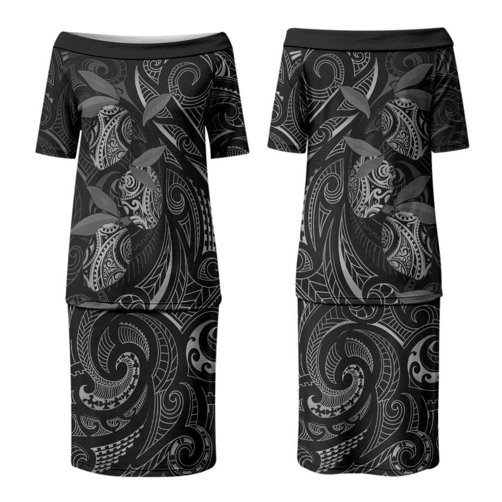 Hawaiian Mango Tribal Tattoo Couples Matching Puletasi and Long Sleeve Button Shirt Black White Pacific Traditional Pattern