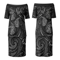 Hawaiian Mango Tribal Tattoo Couples Matching Puletasi and Long Sleeve Button Shirt Black White Pacific Traditional Pattern