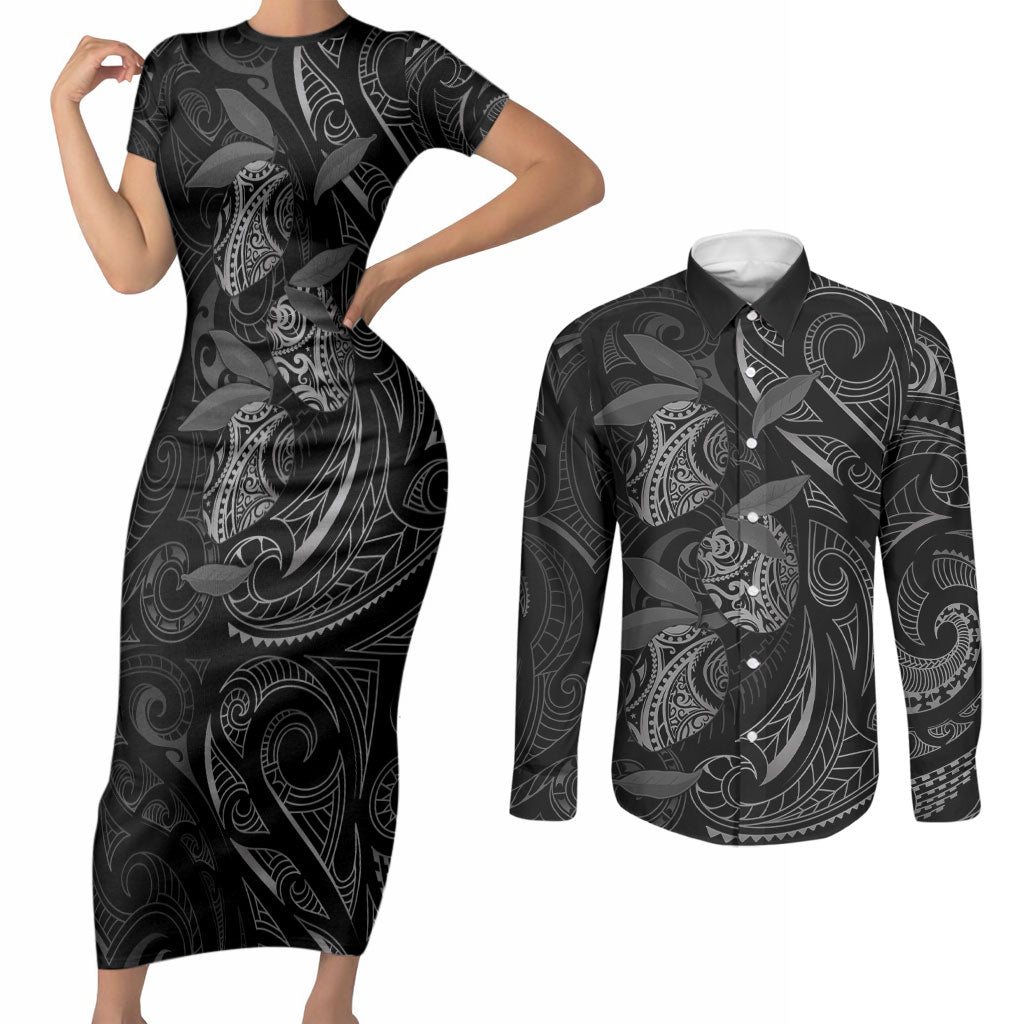 Hawaiian Mango Tribal Tattoo Couples Matching Short Sleeve Bodycon Dress and Long Sleeve Button Shirt Black White Pacific Traditional Pattern