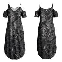 Hawaiian Mango Tribal Tattoo Couples Matching Summer Maxi Dress and Hawaiian Shirt Black White Pacific Traditional Pattern