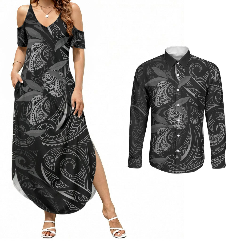 Hawaiian Mango Tribal Tattoo Couples Matching Summer Maxi Dress and Long Sleeve Button Shirt Black White Pacific Traditional Pattern