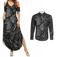 Hawaiian Mango Tribal Tattoo Couples Matching Summer Maxi Dress and Long Sleeve Button Shirt Black White Pacific Traditional Pattern