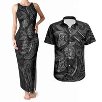 Hawaiian Mango Tribal Tattoo Couples Matching Tank Maxi Dress and Hawaiian Shirt Black White Pacific Traditional Pattern