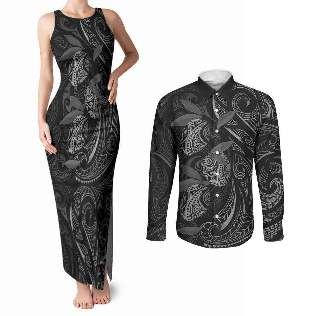 Hawaiian Mango Tribal Tattoo Couples Matching Tank Maxi Dress and Long Sleeve Button Shirt Black White Pacific Traditional Pattern