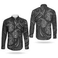 Hawaiian Mango Tribal Tattoo Couples Matching Tank Maxi Dress and Long Sleeve Button Shirt Black White Pacific Traditional Pattern