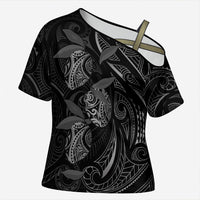 Hawaiian Mango Tribal Tattoo Cross Shoulder Shirt Black White Pacific Traditional Pattern