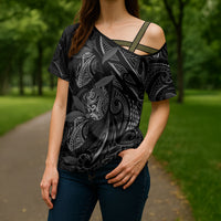 Hawaiian Mango Tribal Tattoo Cross Shoulder Shirt Black White Pacific Traditional Pattern