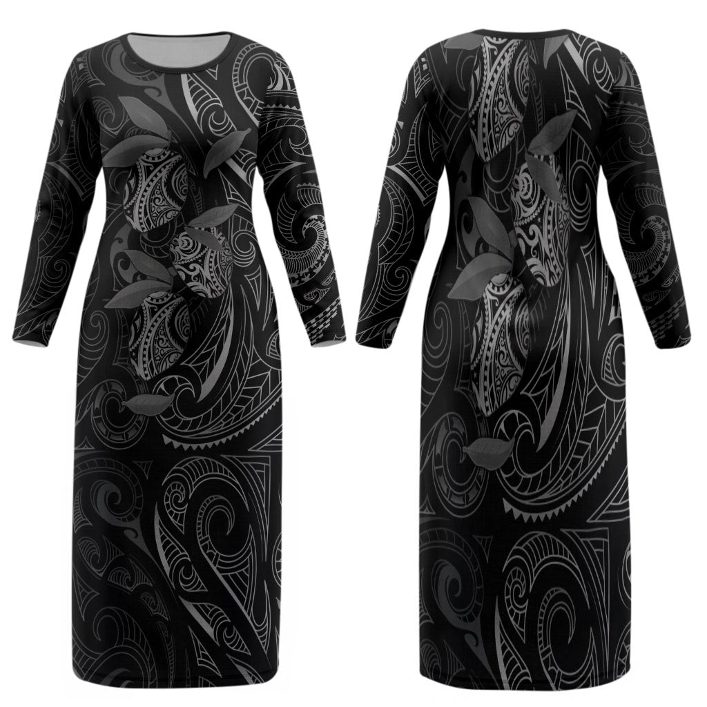 Hawaiian Mango Tribal Tattoo Family Matching Long Sleeve Bodycon Dress and Hawaiian Shirt Black White Pacific Traditional Pattern