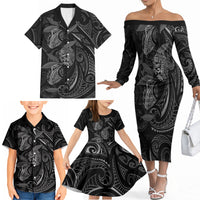 Hawaiian Mango Tribal Tattoo Family Matching Off The Shoulder Long Sleeve Dress and Hawaiian Shirt Black White Pacific Traditional Pattern