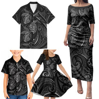 Hawaiian Mango Tribal Tattoo Family Matching Puletasi and Hawaiian Shirt Black White Pacific Traditional Pattern