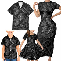Hawaiian Mango Tribal Tattoo Family Matching Short Sleeve Bodycon Dress and Hawaiian Shirt Black White Pacific Traditional Pattern