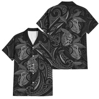 Hawaiian Mango Tribal Tattoo Family Matching Short Sleeve Bodycon Dress and Hawaiian Shirt Black White Pacific Traditional Pattern