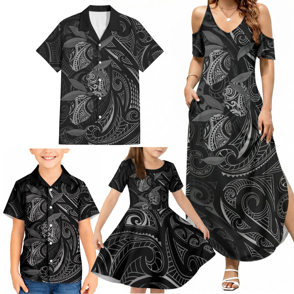Hawaiian Mango Tribal Tattoo Family Matching Summer Maxi Dress and Hawaiian Shirt Black White Pacific Traditional Pattern
