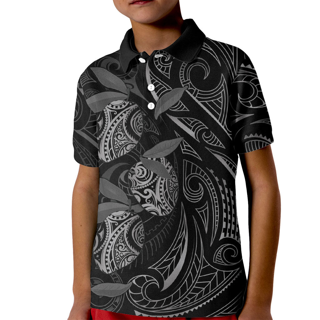Hawaiian Mango Tribal Tattoo Kid Polo Shirt Black White Pacific Traditional Pattern