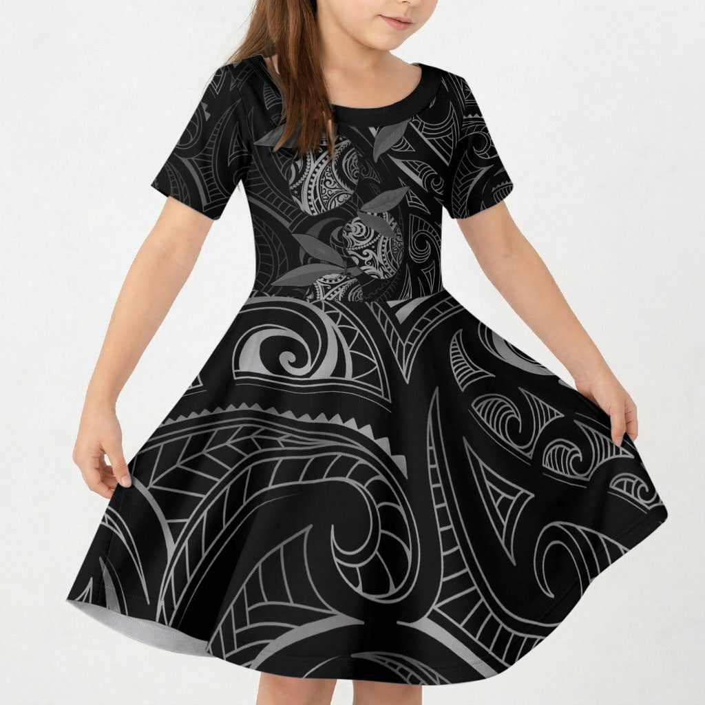 Hawaiian Mango Tribal Tattoo Kid Short Sleeve Dress Black White Pacific Traditional Pattern