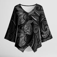 Hawaiian Mango Tribal Tattoo Kimono Sleeve Blouse Black White Pacific Traditional Pattern