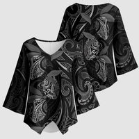 Hawaiian Mango Tribal Tattoo Kimono Sleeve Blouse Black White Pacific Traditional Pattern