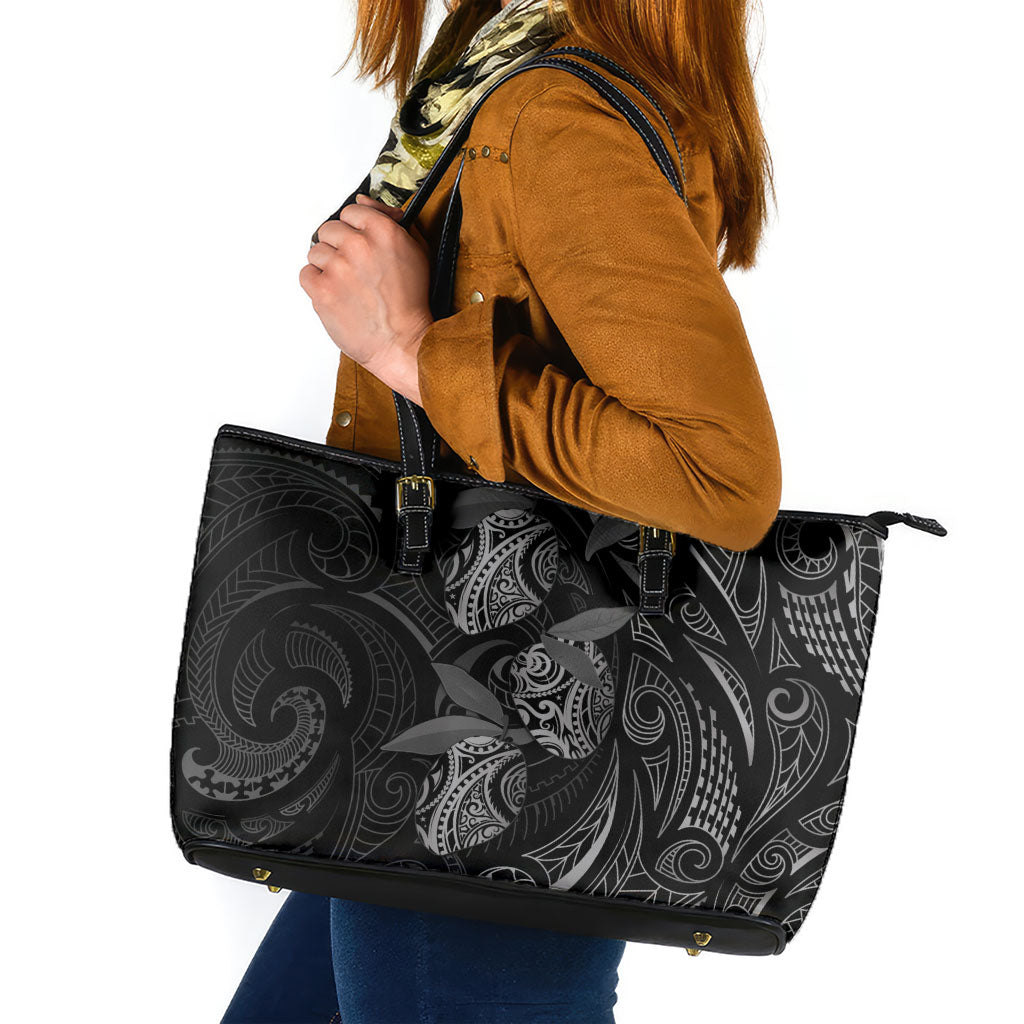 Hawaiian Mango Tribal Tattoo Leather Tote Bag Black White Pacific Traditional Pattern