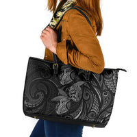 Hawaiian Mango Tribal Tattoo Leather Tote Bag Black White Pacific Traditional Pattern