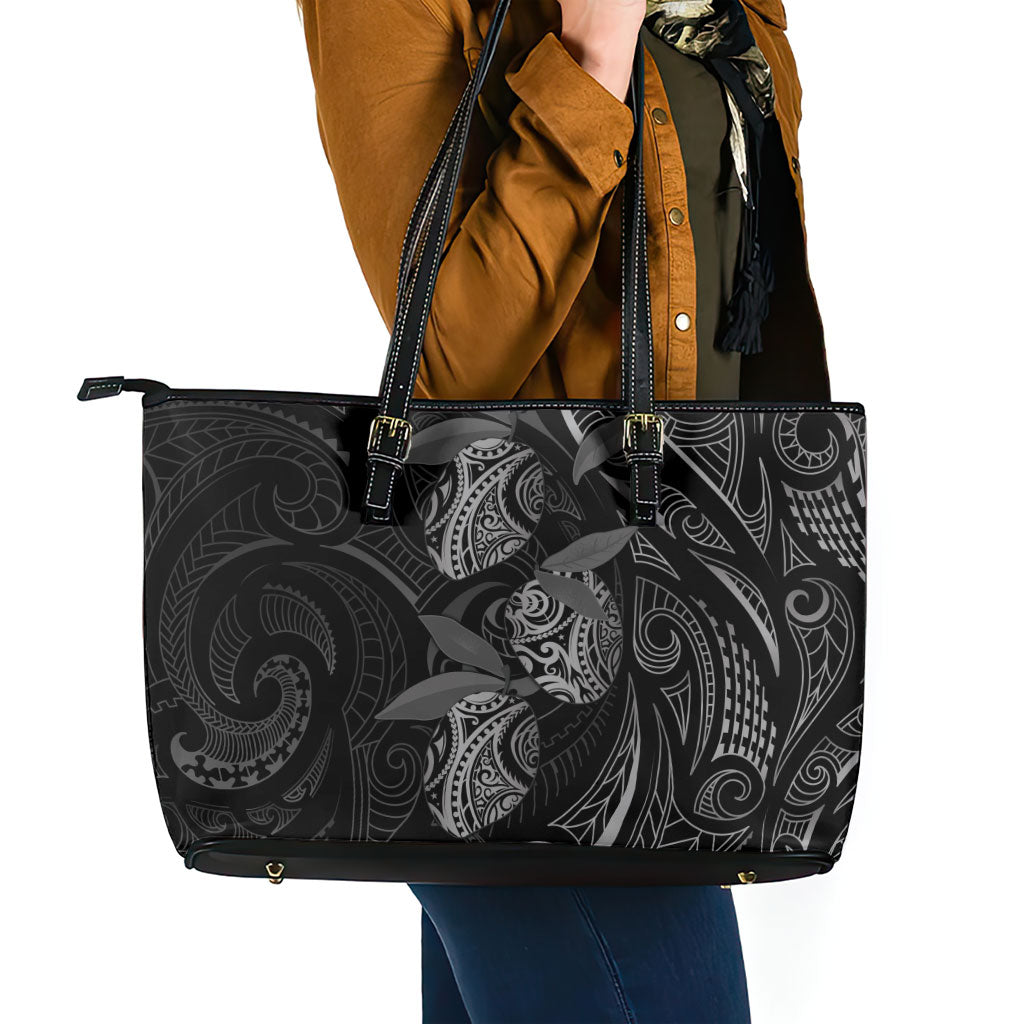 Hawaiian Mango Tribal Tattoo Leather Tote Bag Black White Pacific Traditional Pattern