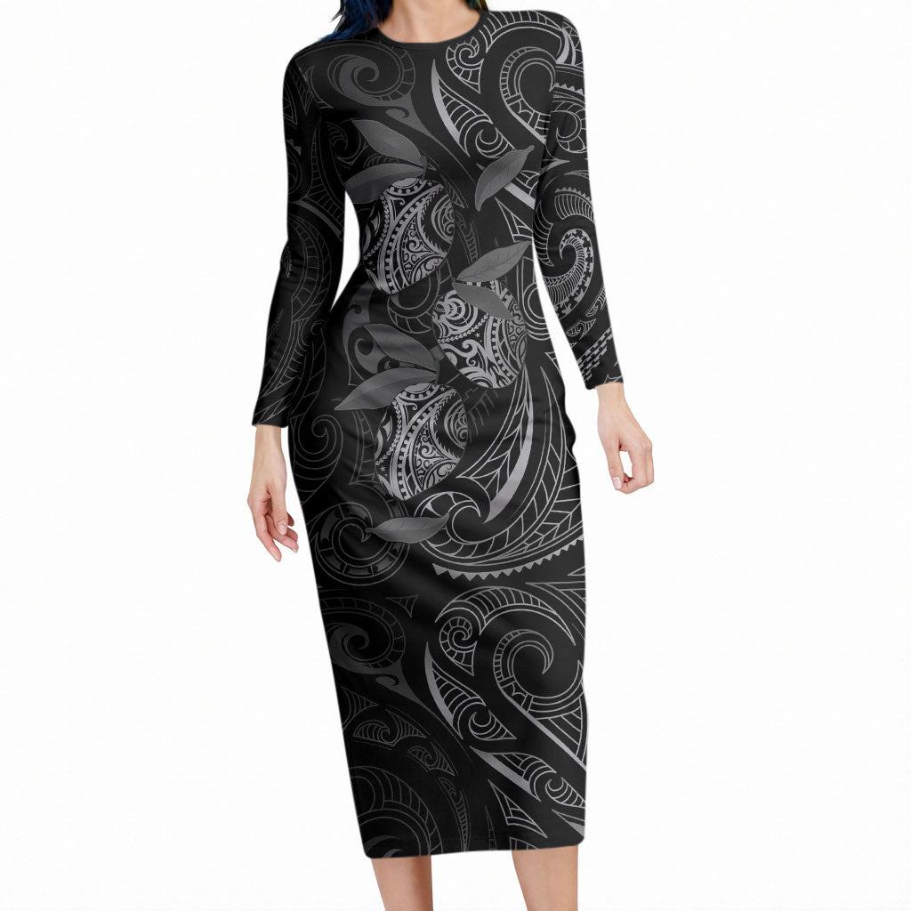 Hawaiian Mango Tribal Tattoo Long Sleeve Bodycon Dress Black White Pacific Traditional Pattern