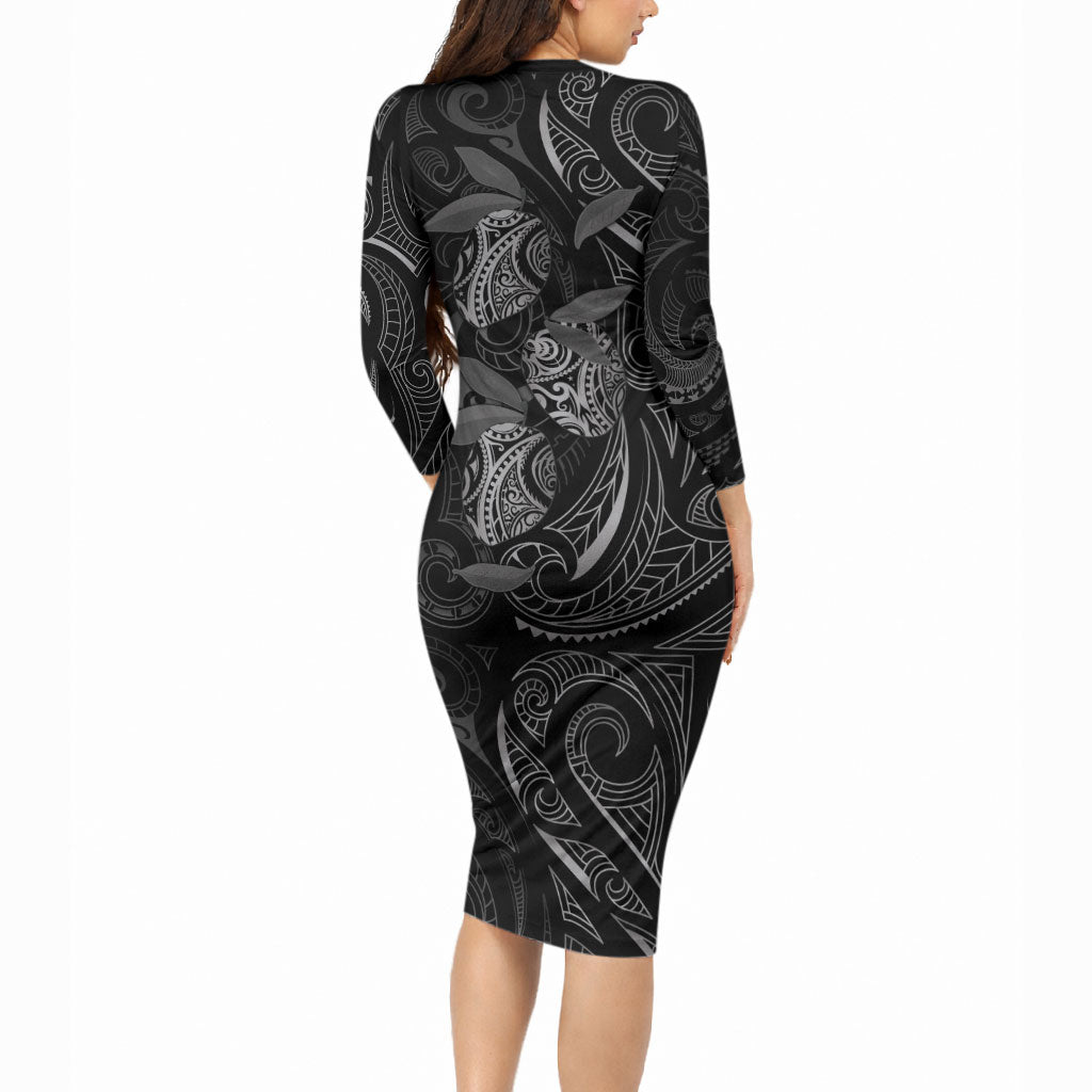 Hawaiian Mango Tribal Tattoo Long Sleeve Bodycon Dress Black White Pacific Traditional Pattern