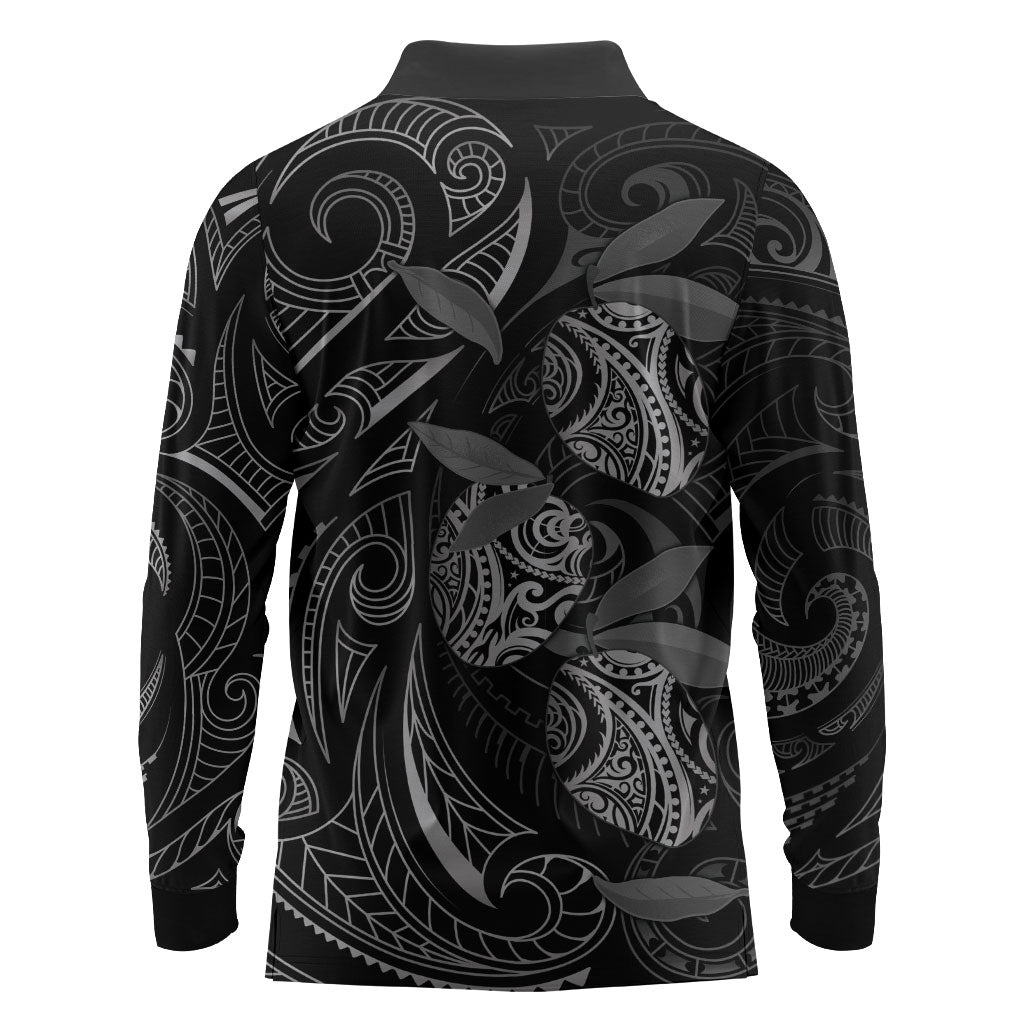 Hawaiian Mango Tribal Tattoo Long Sleeve Polo Shirt Black White Pacific Traditional Pattern