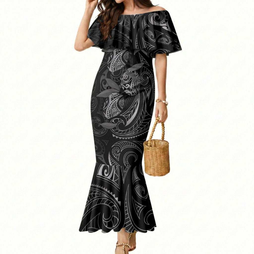 Hawaiian Mango Tribal Tattoo Mermaid Dress Black White Pacific Traditional Pattern