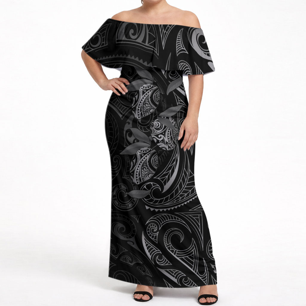 Hawaiian Mango Tribal Tattoo Off Shoulder Maxi Dress Black White Pacific Traditional Pattern