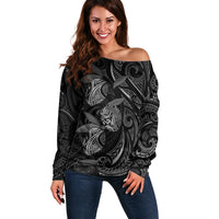 Hawaiian Mango Tribal Tattoo Off Shoulder Sweater Black White Pacific Traditional Pattern